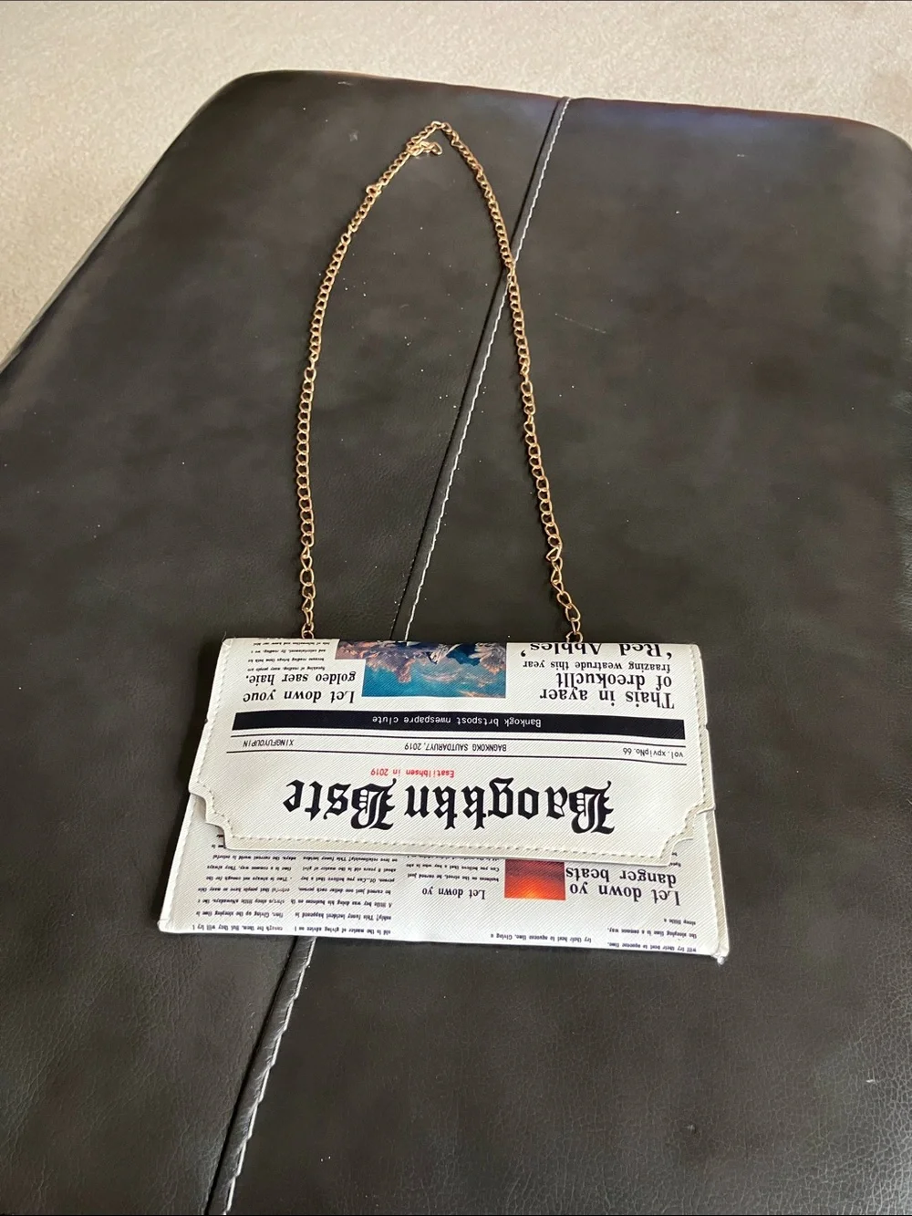 Newspaper Print White Clutch with Gold Chain Strap